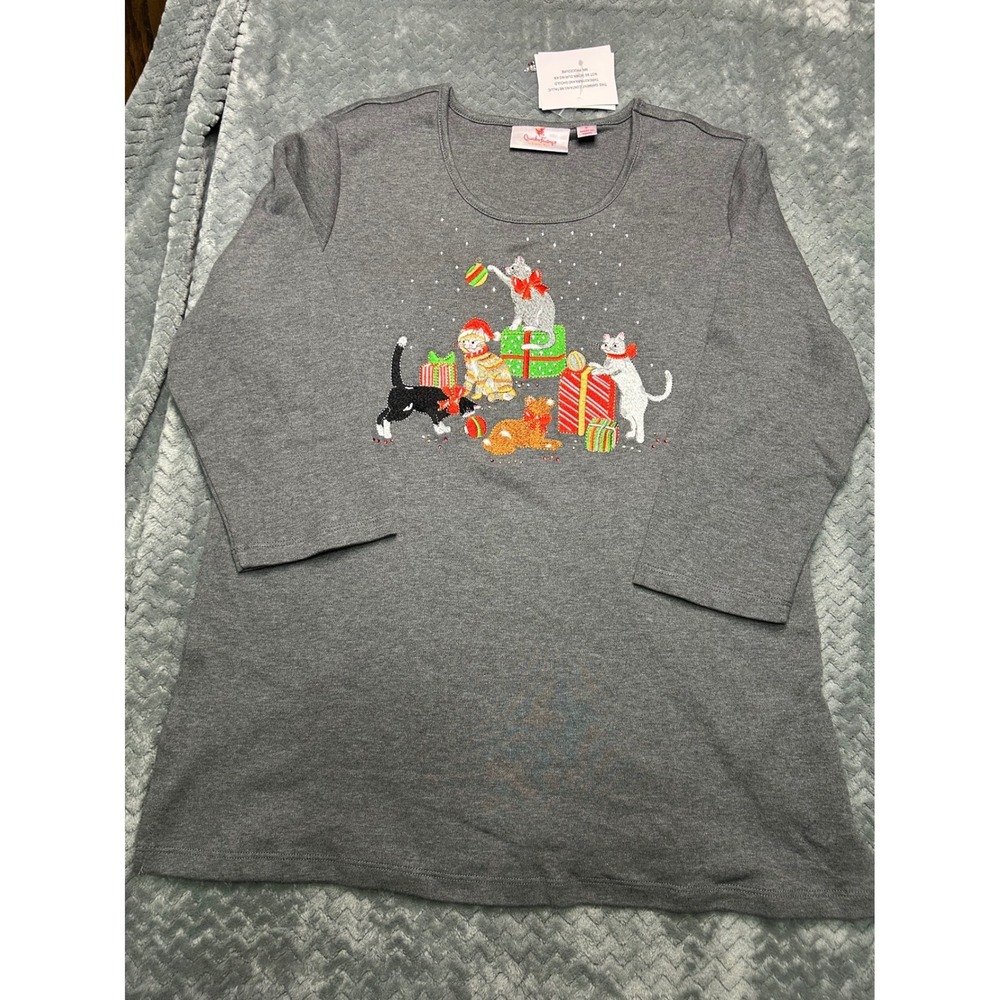 Quacker Factory Christmas Cats Embroidered Gray‎ Top A237786 Womens Small